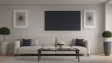 A modern living room with a white sofa set, decorative items and other furniture set 3d illustration. An empty wall art frame mock-up template on the wall.