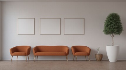 A modern living room with furniture and decorative items 3d illustration. An empty wall art frame mock-up template on the wall.