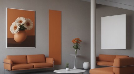 A modern living room with furniture and decorative items 3d illustration. An empty wall art frame mock-up template on the wall.