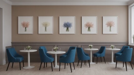 A modern living room with furniture and decorative items 3d illustration. An empty wall art frame mock-up template on the wall.
