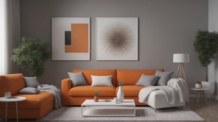 A modern living room with furniture and decorative items 3d illustration. An empty wall art frame mock-up template on the wall.