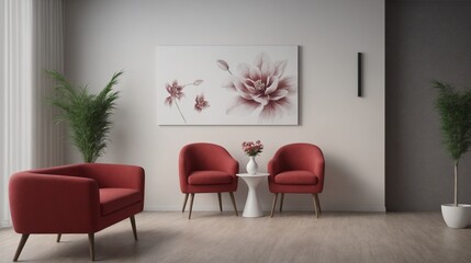 A modern living room with a pink sofa set, decorative items and other furniture set 3d illustration. An empty wall art frame mock-up template on the wall.