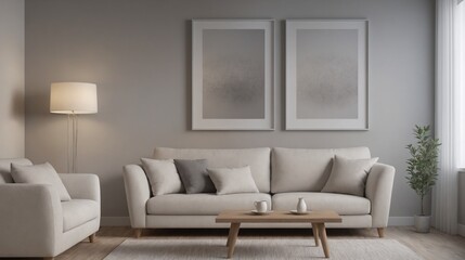 A modern living room with a white sofa set, decorative items and other furniture set 3d illustration. An empty wall art frame mock-up template on the wall.