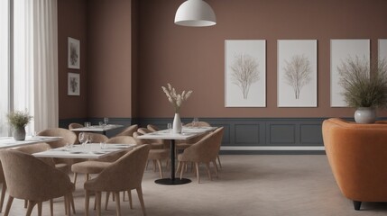 A modern living room with furniture and decorative items 3d illustration. An empty wall art frame mock-up template on the wall.