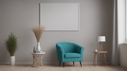 A modern living room with a green armchair, decorative items and other furniture set 3d illustration. An empty wall art frame mock-up template on the wall.