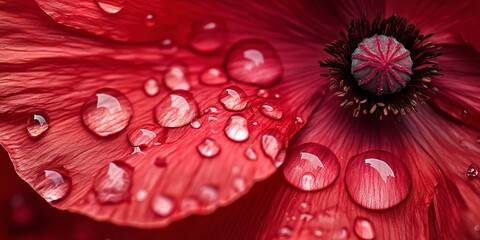 A close-up photo showcasing a stylized poppy flower in a vivid red hue, adorned with delicate water droplets.