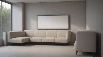A modern living room with a white sofa set, decorative items and other furniture set 3d illustration. An empty wall art frame mock-up template on the wall.