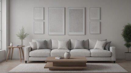 A modern living room with a white sofa set, decorative items and other furniture set 3d illustration. An empty wall art frame mock-up template on the wall.