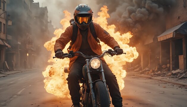 Action shot with a man wearing a full helmet riding away from an explosion on the bike. The dynamic scene with fire in action movie blockbuster style created with generative ai.	
