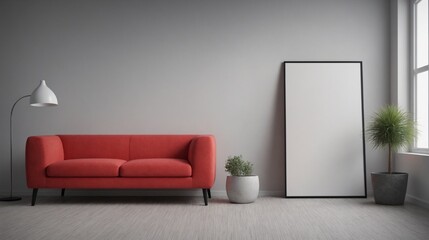 A modern living room with a pink sofa set, decorative items and other furniture set 3d illustration. An empty wall art frame mock-up template on the wall.