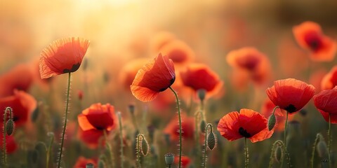 Fototapeta premium close up of red poppy flowers in a field 