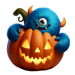 Naklejka premium Cute Monster: Peeking Out of a Jack-o'-lantern, isolated on transparent background.