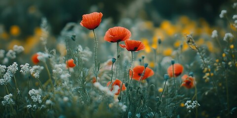 botanical field with red poppy flowers in summer day