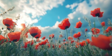 Obraz premium red poppy flowers in romantic nature landscape with sky 