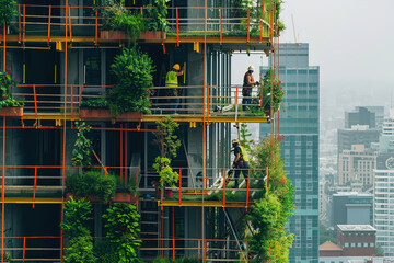 Architects designing buildings integrated with vertical forests, promoting urban greenery
