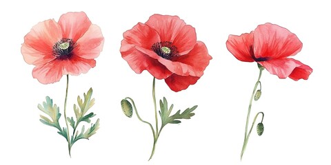 Watercolor red poppy set on white background