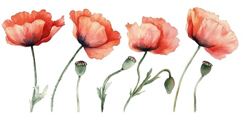 Fototapeta premium Watercolor red poppy set on white background