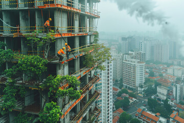Obraz premium Architects designing buildings integrated with vertical forests, promoting urban greenery
