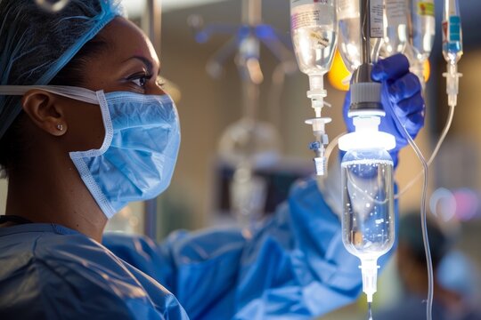 A nurse in a hospital setting carefully handles an IV bag with focus and precision. She wears a mask and gloves. A moment of care in healthcare. Generative AI