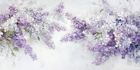 An oil painting captures the serene beauty of purple and white lilac flowers against a pristine white background, for wall art