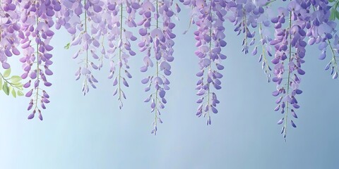 branches of hanging purple wisteria flowers on light blue background 