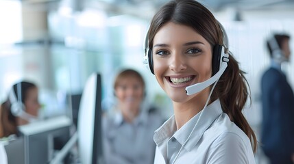 Professional female call center agent with headset smiling