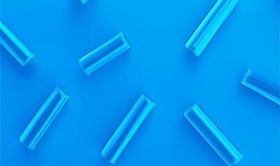 3D abstract composition featuring transparent blue cylindrical shapes arranged diagonally on a vibrant blue background. 