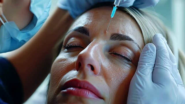 A patient relaxes as a professional applies a dermal filler to enhance facial features. The clinic is well-lit, creating a calm atmosphere for the procedure.