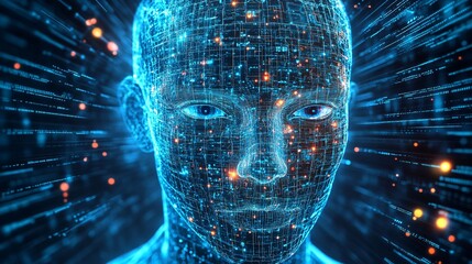 Futuristic Digital Human Head with AI Motifs and Glowing Patterns in High-Tech Setting for Tech Concept Design