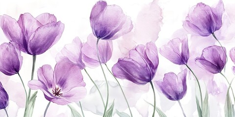 a painting of purple flowers on a white background, Illustrate a watercolor arrangement featuring tulips