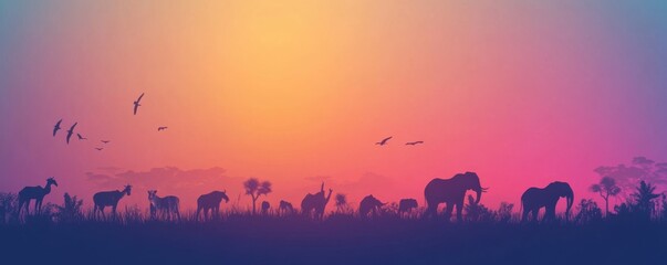 Stunning African wildlife silhouettes against a vibrant sunset sky, featuring elephants, birds, and...