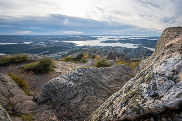 Fototapeta premium Top down panorama landscape view on Bergen from Lyderhorn in Norway with rocks