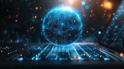 Obraz premium Global Digital Connectivity Concept with Glowing Digital Globe and Circuit Patterns Above Laptop Keyboard