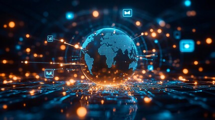 Global Digital Network Connections with Media Icons - Abstract Digital Globe Concept