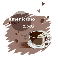 Vector illustration of an Americano cup for a menu. Cafe. Coffee. Coffee beans. Coffee machine. EPS 10