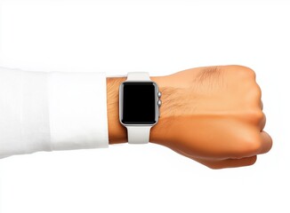 A close-up view of a man's wrist wearing a modern smartwatch with a blank black screen, paired with a white strap. 
