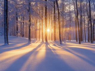 Ultra realistic winter landscape with serene snowfall at sunrise in tranquil forest