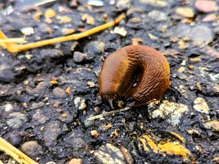 Close up of a brown slug on the edge of a path on a wet day in autumn
