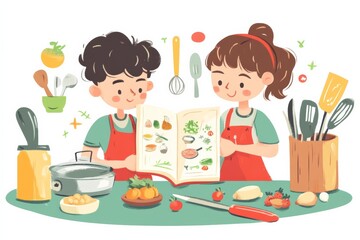 Flat illustration of children reading a recipe book together, planning a meal, with kitchen utensils and ingredients around them, in a whimsical and engaging style