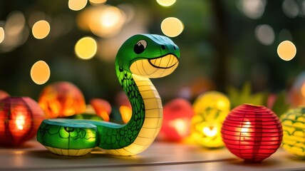 Fototapeta premium Adorable green snake with colorful patterns, handcrafted for children's enjoyment.