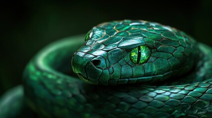 Fototapeta premium Intricately carved green snake with bright emerald eyes, symbolizing 2025.