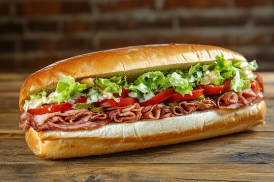 delicious hoagie sandwich loaded with fresh ingredients like lettuce, tomatoes, and meats, served on a rustic wooden table, showcasing the vibrant and appetizing look of the sandwich