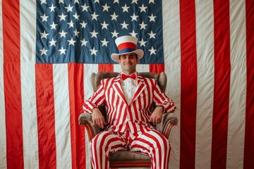 man dressed in classic Uncle Sam attire - red and white striped suit with a top hat - posing proudly in front of an American flag backdrop, embodying patriotism and celebration