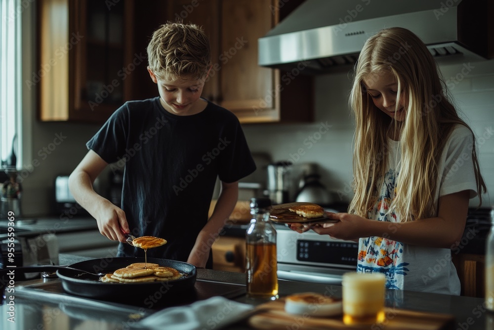 Wall mural siblings cooking breakfast, one flipping pancakes and another pouring syrup, with a happy and collaborative atmosphere in a modern kitchen setting