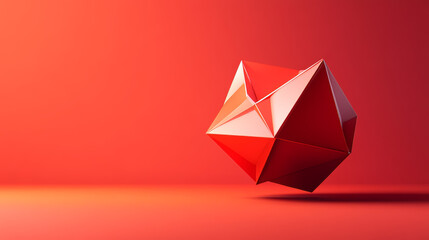 This design features an abstract 3D shape set against a striking red background. The shape is characterized by smooth curves, sharp angles, or complex geometrical patterns, giving it a dynamic and mod