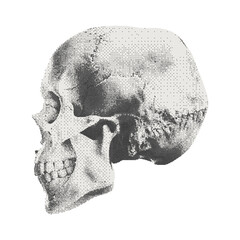 Monochrome human skull profile. Halftone collage element in retro bitmap style for scrapbook, poster art or t-shirt. Cutout dotted sticker with grain texture.