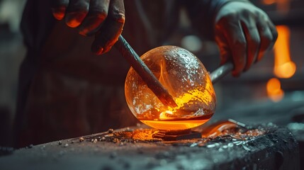 A man is working on a glass object, using a blowtorch to heat it - generative AI