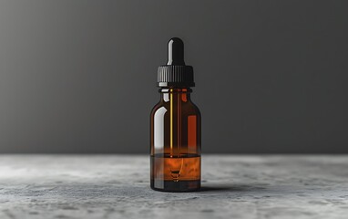 Fototapeta premium Amber glass dropper bottle with golden liquid on a grey background.