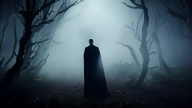 Dracula in his late 30s stands terrified in a haunted forest with twisted trees, his expression is of shock, hands raised defensively, with fog creeping in the background
