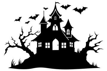 Halloween background with haunted house, full moon, pumpkins and trees